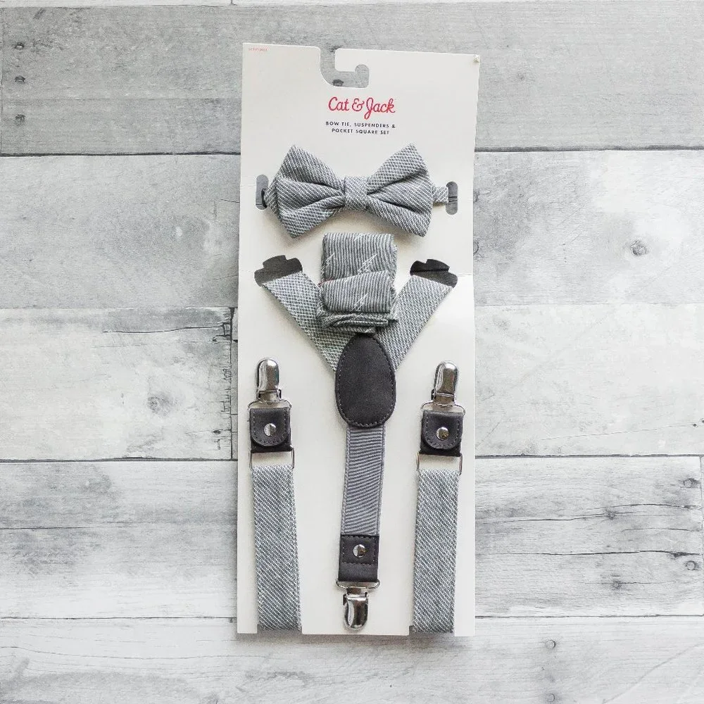 Cat & Jack Bow Tie Suspender Light Gray Set NWT